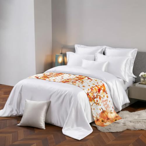 Orange Pumpkin Fall Bed Runner for Cal King Bed 102x20 Inches - Decorative Sofa Throw & Bed Scarf with Maple Leaf Sunflower Design - Variation of 102"x20" Orange, Red, Yellow