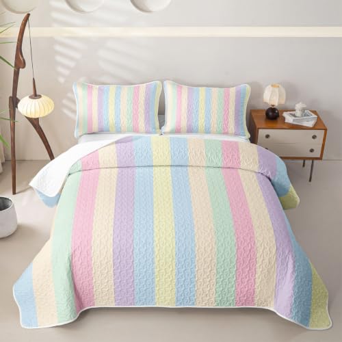 Manfei Colorful Striped Quilted Coverlet Set Twin Size - Microfiber Lightweight Bedding for Kids & Girls, Dreamy Rainbow Lines, 2 Pieces with Pillow Sham