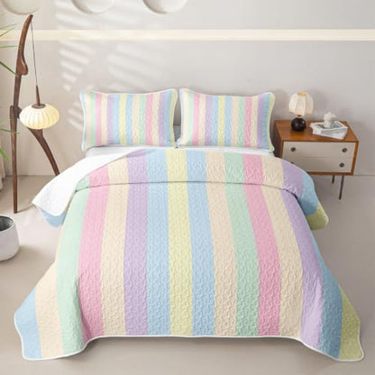 Manfei Colorful Striped Quilted Coverlet Set Twin Size - Microfiber Lightweight Bedding for Kids & Girls, Dreamy Rainbow Lines, 2 Pieces with Pillow Sham