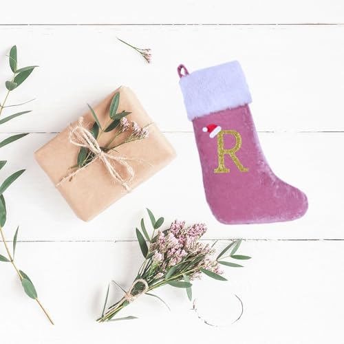 Pink Velvet Christmas Stocking with White Plush Cuff - Letter G Monogram, 20 Inch Holiday Decor