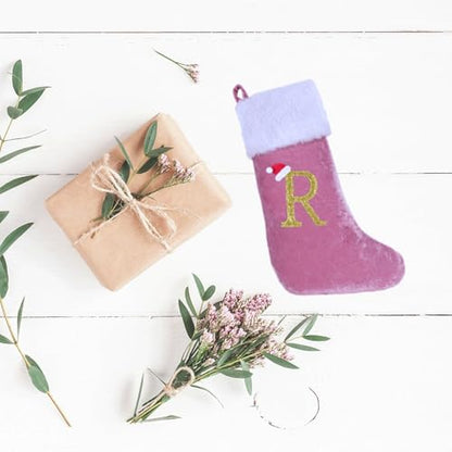 Pink Velvet Christmas Stocking with White Plush Cuff - Letter G Monogram, 20 Inch Holiday Decor