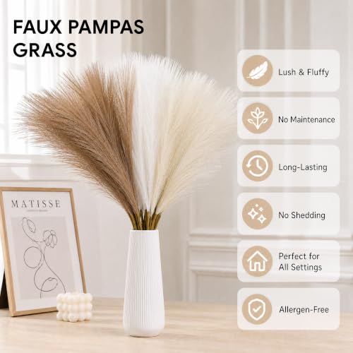 Artificial Pampas Grass Decor Set - Beige, Khaki & White, 21.6 Inch Fluffy Boho Home Accent