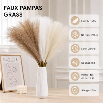 Artificial Pampas Grass Decor Set - Beige, Khaki & White, 21.6 Inch Fluffy Boho Home Accent