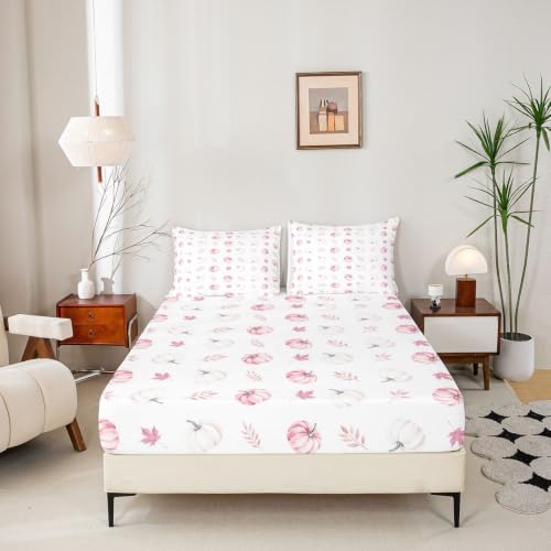 Autumn Pumpkin Kids Fitted Sheet Set with Pillowcases - Pink, Full Size W54 x L75 inches