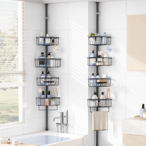 KINGRACK Fan-Shape 4-Tier Tension Pole Shower Caddy Corner Shelf Black