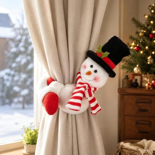 Christmas Curtain Tiebacks Set - Black Santa & Snowman Plush Holdbacks