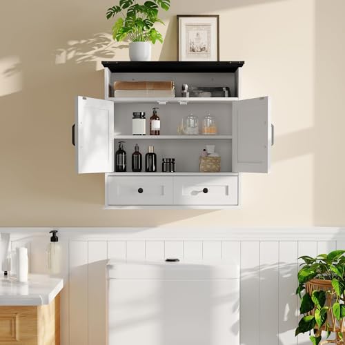 White Wall Mounted Bathroom Cabinet with Double Barn Doors and Removable Drawer - Farmhouse Style