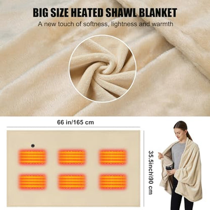 Battery Operated Heated Blanket Poncho Wrap with 3 Heat Levels Portable Cordless Shawl