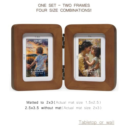 Walnut Hinged Double Picture Frame 2.5x3.5 with Real Glass - Free-Standing Tabletop Display