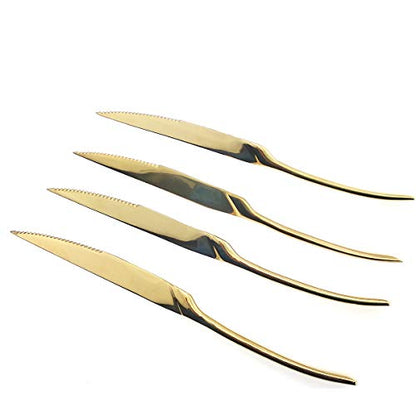 Heavy Duty Stainless Steel Steak Knives Set of 6 - Gold Mirror Finish, Sharp & Elegant