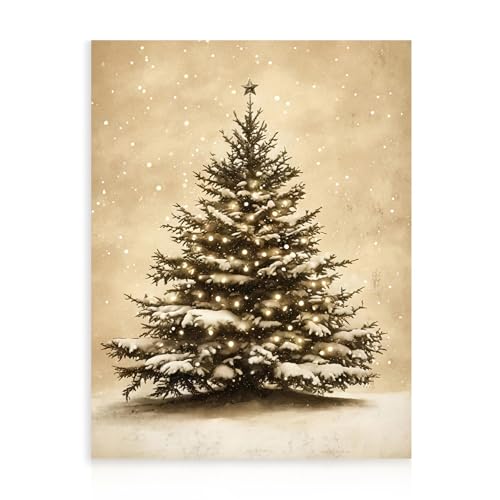 Vintage Christmas Tree Canvas Wall Art - Rustic Xmas Tree Unframed 12x16