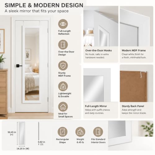 White Over Door Rectangular Mirror - 14.25 x 50.45 Inches, Modern Frame