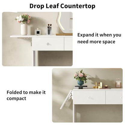 Vanity Desk with Drop Leaf Glass Top — 7-Drawer Wood Dressing Table with Charging Station, Stool, 43.3"