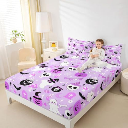 Halloween Purple Ghost Fitted Sheet Twin Size with Pillowcase - Kids Bedroom Decor