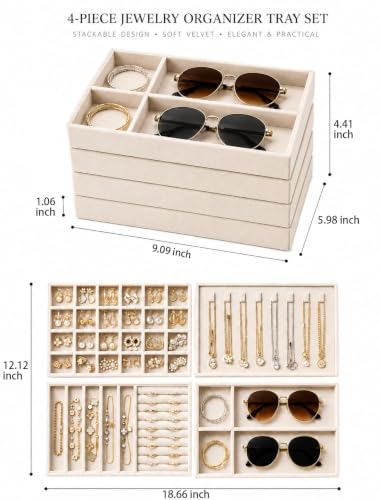 Stackable Jewelry Trays Set of 4 - Drawer Organizer for Earrings, Rings, Necklaces