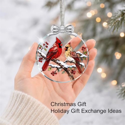 Two Cardinals Bird Christmas Ornament Glass 3 x 3.3 Inches - Holiday Tree Decoration - Variation 01