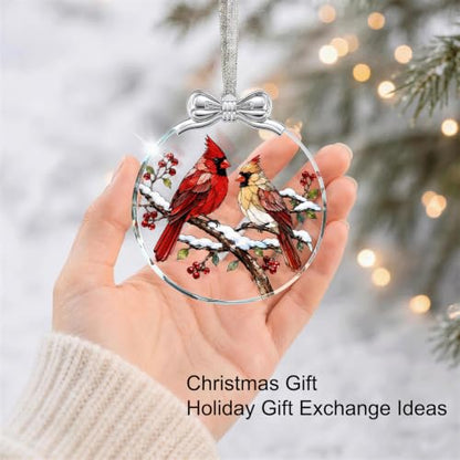 Two Cardinals Bird Christmas Ornament Glass 3 x 3.3 Inches - Holiday Tree Decoration - Variation 01