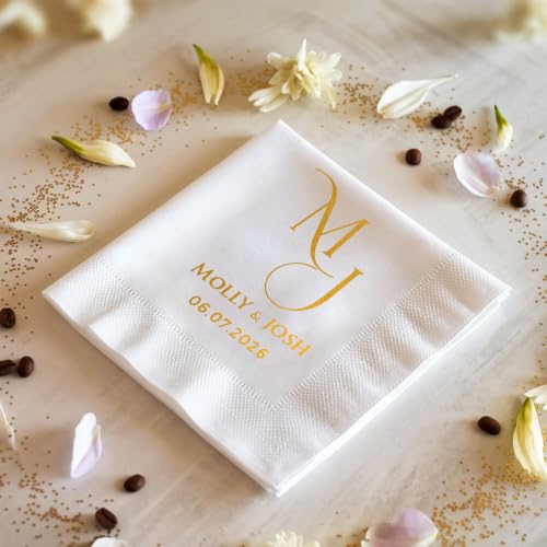 Personalized Wedding Cocktail Napkins - Style 3, Floral Wreath Design, 50 Pack
