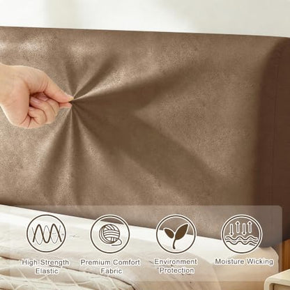 Queen Leather Look Bed Headboard Cover - Brown Stretch Slipcover - Tj-01brown