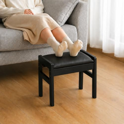 BAMBOOHOMIE Black Bamboo Foot Stool Ottoman with Removable Cushion & Handles