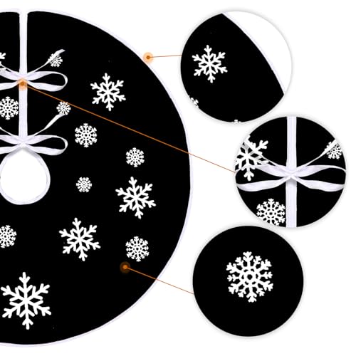 Black Burlap Christmas Tree Skirt with White Snowflakes - 23 Inch