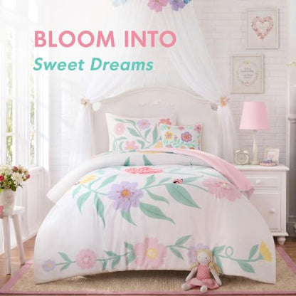 Kids Floral Pink Comforter Set with 3D Embroidered Flowers & Pillow - Twin/Twin XL