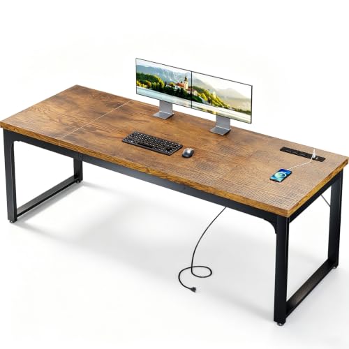 Long Computer Desk with Power Outlet - Rustic Brown, 71 Inch Heavy Duty Office & Gaming Table