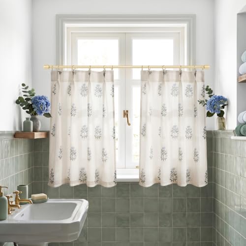 Blue Green Floral Cafe Curtains Set of 2, 24W x 24L Linen Farmhouse Tier