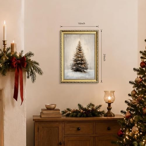 Christmas Tree Wall Art in Snow Frame - Rustic Pine Canvas Decor 16x24