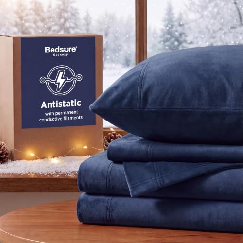 Navy Fleece Bed Sheets Queen Size 4-Piece Anti-Static Cozy Bedding