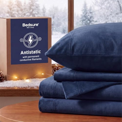 Navy Fleece Bed Sheets Queen Size 4-Piece Anti-Static Cozy Bedding