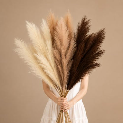 Artificial Pampas Grass Set 45 Inch Tall | Dark Brown & Beige 9 Pieces - Elegant Faux Decor