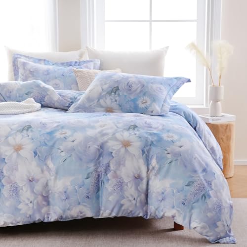 Reversible Floral Cotton Duvet Cover Set King Size - Purple & Blue