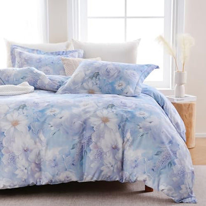 Reversible Floral Cotton Duvet Cover Set King Size - Purple & Blue