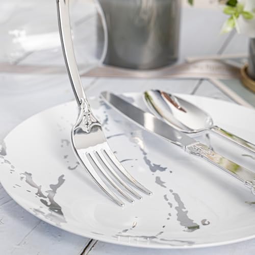 Silver Plastic Silverware Set 300PCS Vintage Disposable Utensils & Cutlery - Silver / 300PCS