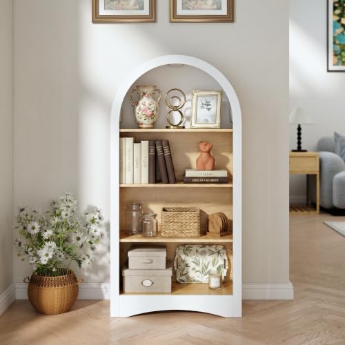 White Natural Particle Board MDF 4-Tier Corner Storage Shelves - Arched Wall Bookshelf