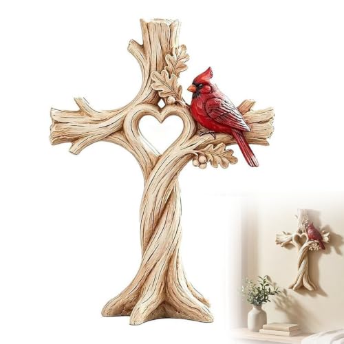 Hand-Carved Wood Garden Decor with Heart Tree and Cardinal