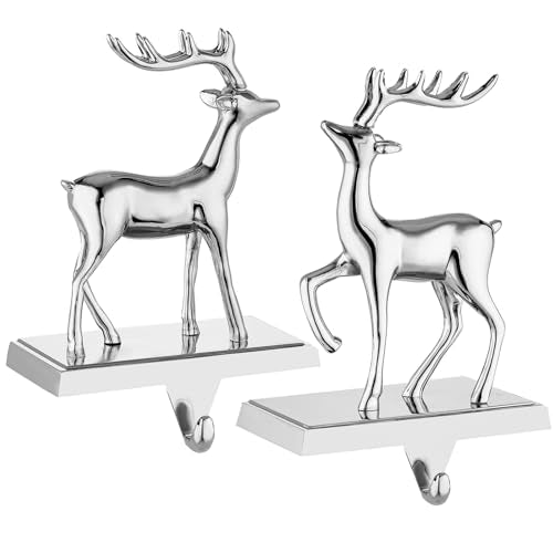 Reindeer Stocking Hangers Set of 2 - Metal Silver Christmas Mantel Hooks