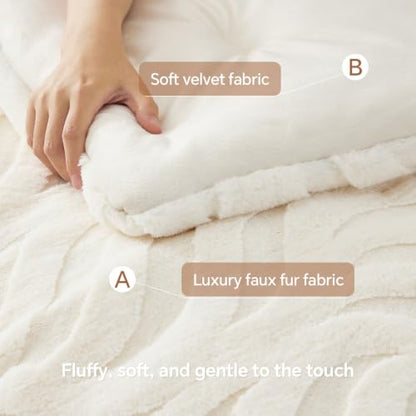 Queen Faux Fur Comforter Set Cream 90x90 Inches Fluffy Bedding