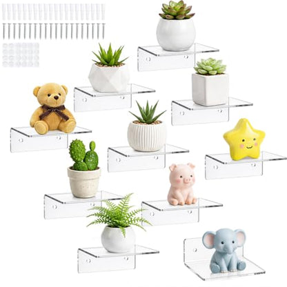 Acrylic Floating Wall Shelves Set - 10 Pack Modern Display Shelves