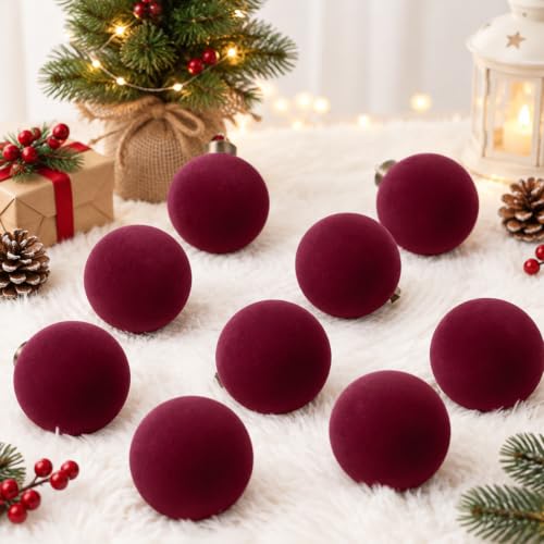 15 Pcs Velvet Christmas Balls - Burgundy Flocked Ornaments with Hanging Ropes, 3.15 Inch