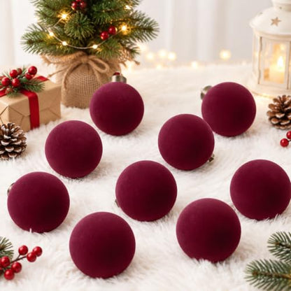 15 Pcs Velvet Christmas Balls - Burgundy Flocked Ornaments with Hanging Ropes, 3.15 Inch