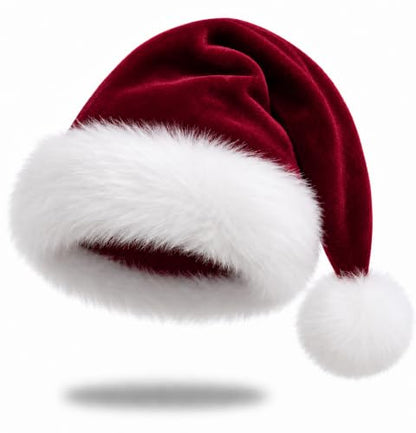 Unisex Velvet Christmas Santa Hat - Extra Thick Red Holiday Hat