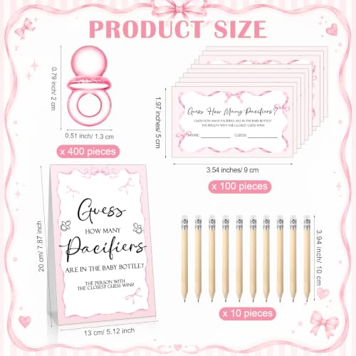 Pink Baby Shower Games Pack with Pacifier Necklace Guessing Set - Pink Bow Variation