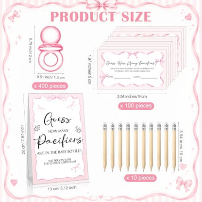 Pink Baby Shower Games Pack with Pacifier Necklace Guessing Set - Pink Bow Variation