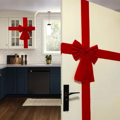 Christmas Door Ribbon Bow Set - Large Red Holiday Decoration, 4 Pieces