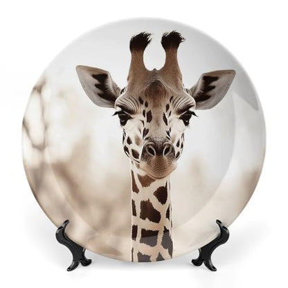 8 Inch Giraffe Ceramic Decorative Plate with Stand - Bone China Home Decor