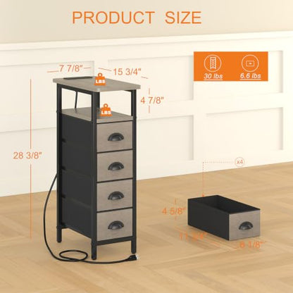 Nightstand Set 2 with Charging Station - Grey, 4 Fabric Drawers & LED RGB Light (Variation: Grey / Power & LED)