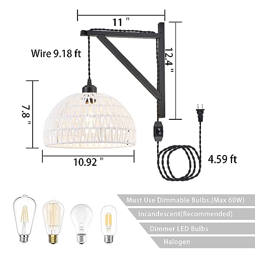KAMTAT Boho Rattan Plug in Wall Sconces White Hand Woven Wall Lamp with Plug in Cord Rattan Wall Lights Wall Sconce Wall Mounted Light Boho Wall Lighting for Bedroom Living Room(1PK)