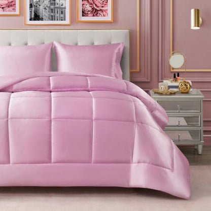 Full/Queen Satin Comforter - Pink Down Alternative Luxury Bedding